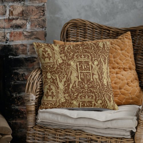 Medieval Heraldry Chateau Chic Brown and Beige Throw Pillow