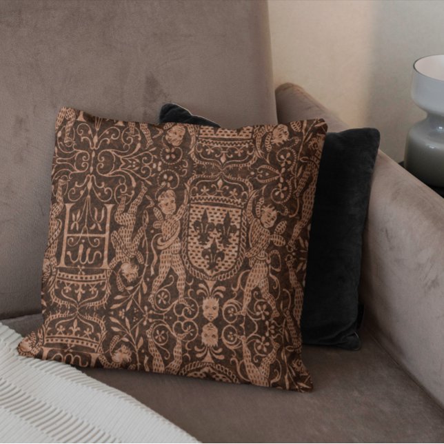 Medieval Heraldry Chateau Chic Dark Red Russet Throw Pillow