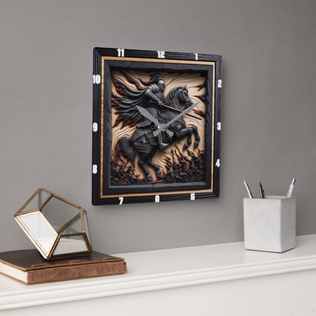 Medieval Honor: Carved Wood Display Square Wall Clock (Office)