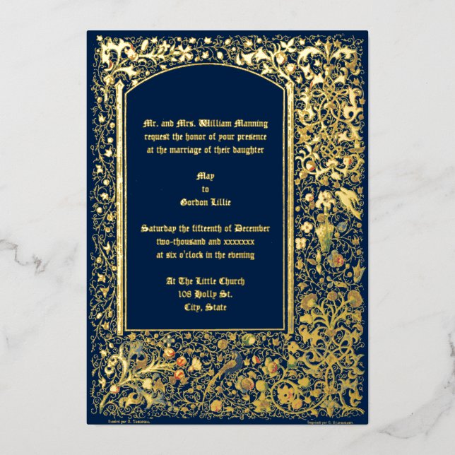 Medieval Illuminated Birds & Flowers Wedding Foil Invitation (Front)