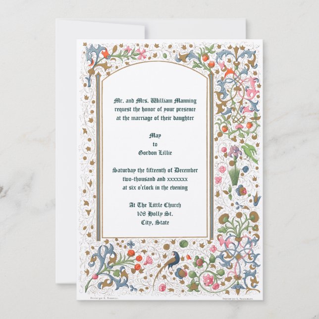 Medieval Illuminated Birds & Flowers Wedding Invitation (Front)