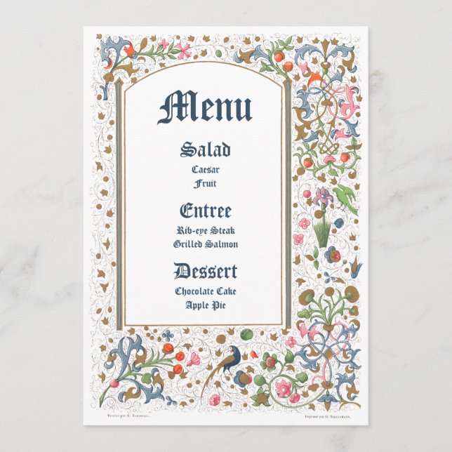 Medieval Illuminated Birds & Flowers Wedding Menu (Front)