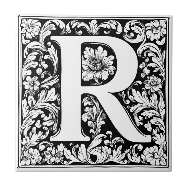 Medieval Illuminated Letter R Ceramic Tile (Front)