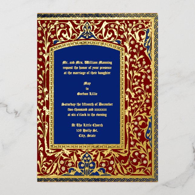 Medieval Illuminated Style Floral Frame Wedding Foil Invitation (Front)