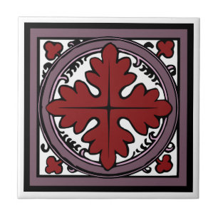 Medieval Illumination Red Acanthus Leaf Ceramic Tile
