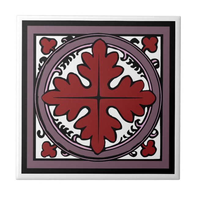 Medieval Illumination Red Acanthus Leaf Ceramic Tile (Front)