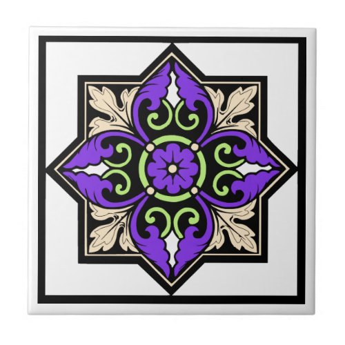 Medieval Illumination Violet Acanthus Leaf Ceramic Tile