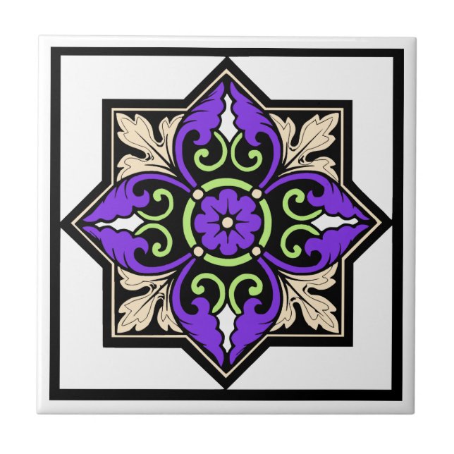 Medieval Illumination Violet Acanthus Leaf Ceramic Tile (Front)