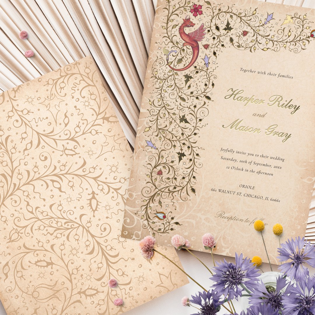 Medieval-Inspired Gold Wedding Vintage Scrollwork                    Foil Invitation