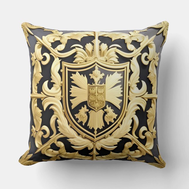 Medieval Inspired Golden Crest Ornamental Shield Throw Pillow (Front)