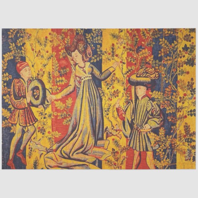 Medieval Italian Chinoiserie Red Blue Decoupage Tissue Paper (Front)