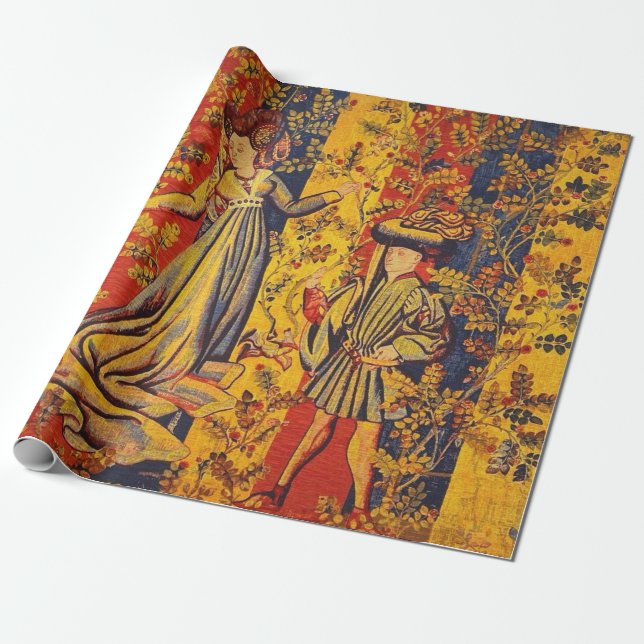 Medieval Italian Chinoiserie Red Blue Decoupage Wrapping Paper (Unrolled)