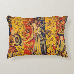 Medieval Italian Red Blue Yellow Chinoiserie Accent Pillow
