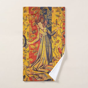 Medieval Italian Red Blue Yellow Chinoiserie  Bath Towel Set