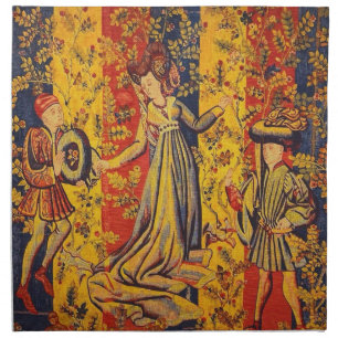 Medieval Italian Red Blue Yellow Chinoiserie  Cloth Napkin