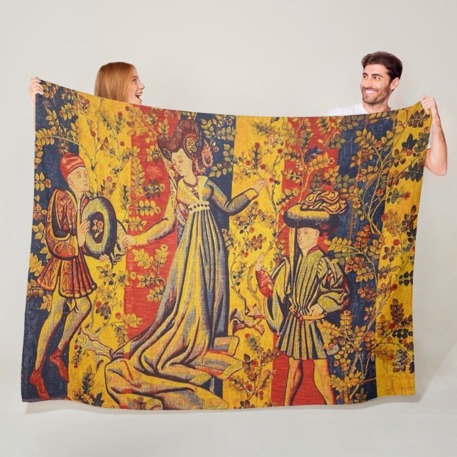 Medieval Italian Red Blue Yellow Chinoiserie  Fleece Blanket (In Situ)