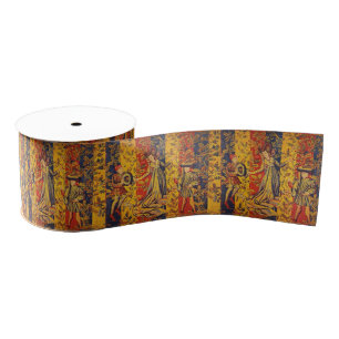 Medieval Italian Red Blue Yellow Chinoiserie  Grosgrain Ribbon