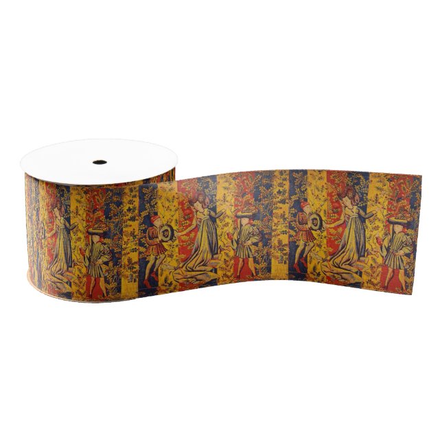 Medieval Italian Red Blue Yellow Chinoiserie  Grosgrain Ribbon (Spool)