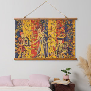 Medieval Italian Red Blue Yellow Chinoiserie Hanging Tapestry