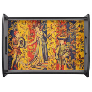 Medieval Italian Red Blue Yellow Chinoiserie  Serving Tray