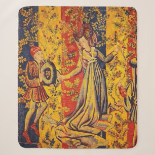 Medieval Italian Red Blue Yellow Chinoiserie  Sherpa Blanket