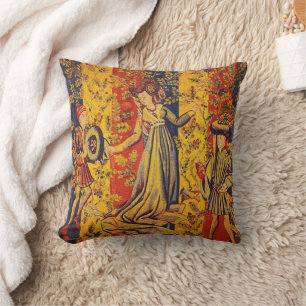 Medieval Italian Red Blue Yellow Chinoiserie Throw Pillow