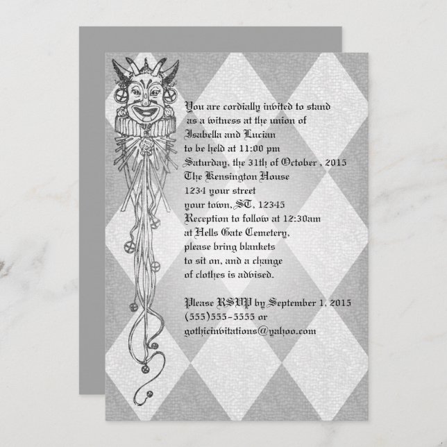 Medieval Jester Diamonds Goth Wedding Invitation (Front/Back)
