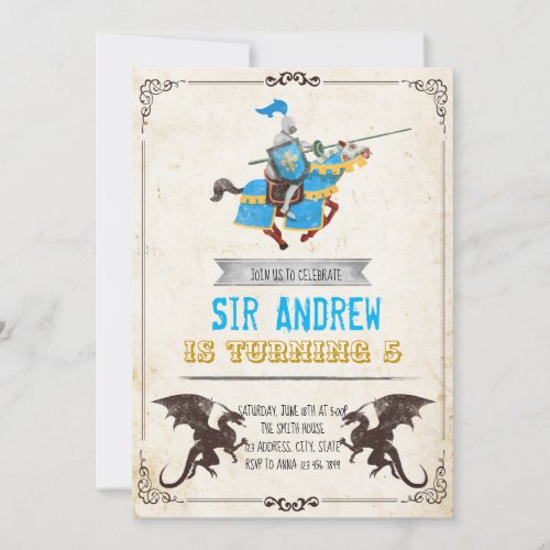 Medieval knight and dragon birthday party invitation