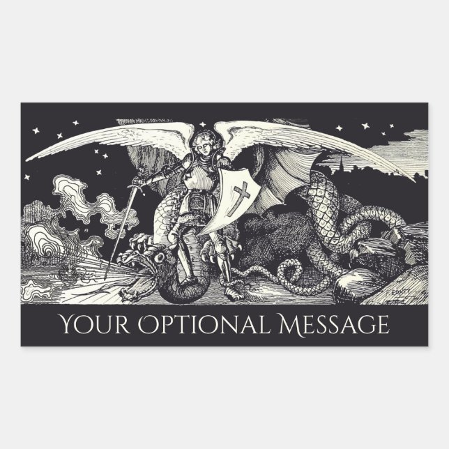 Medieval Knight and Dragon Black and White Rectangular Sticker (Front)