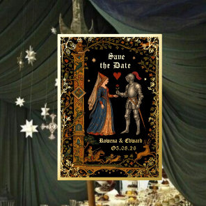 Medieval Knight and Lady Manuscript Save the Date Foil Invitation