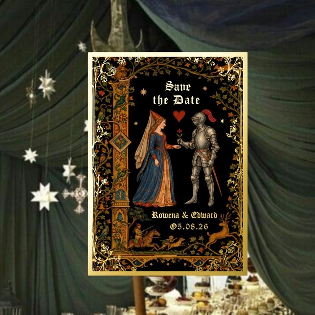 Medieval Knight and Lady Manuscript Save the Date Foil Invitation (Creator Uploaded)