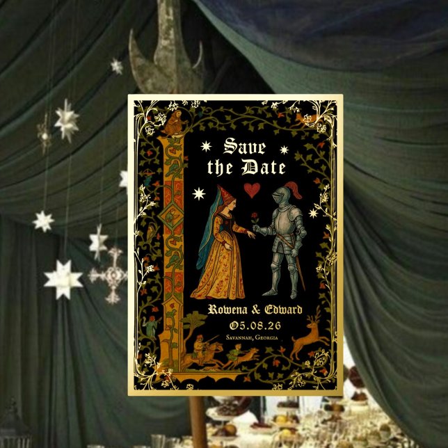 Medieval Knight and Lady Manuscript Save the Date Foil Invitation (Creator Uploaded)