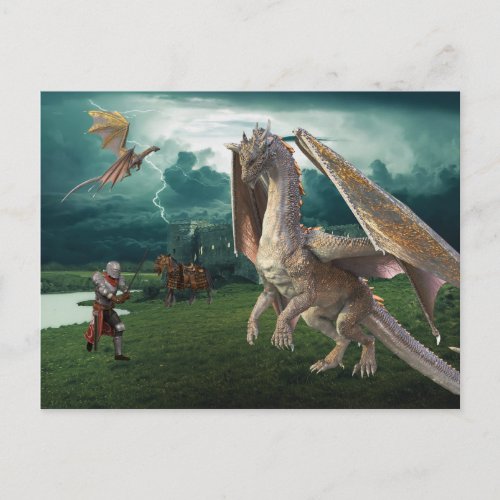 Medieval Knight Bronze Dragon Fantasy Battle Postcard