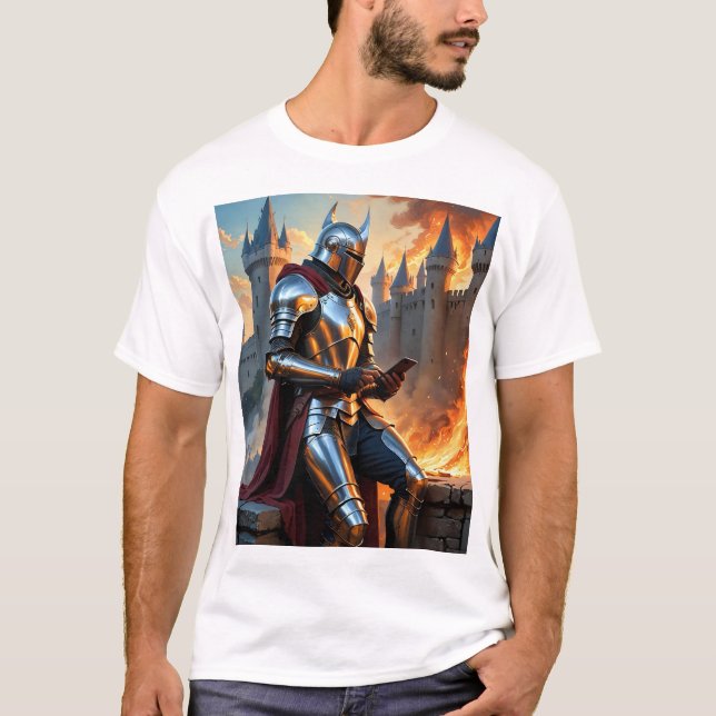 Medieval Knight Castle Fire Funny Fantasy Art Tee (Front)