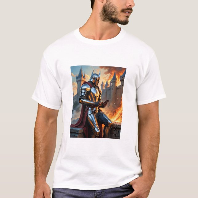 Medieval Knight Castle Fire Funny Fantasy Art Tee (Front)