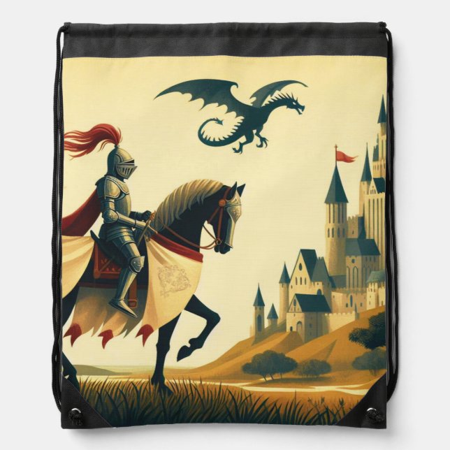 Medieval Knight/dragon/castle fantsy Drawstring Bag (Front)