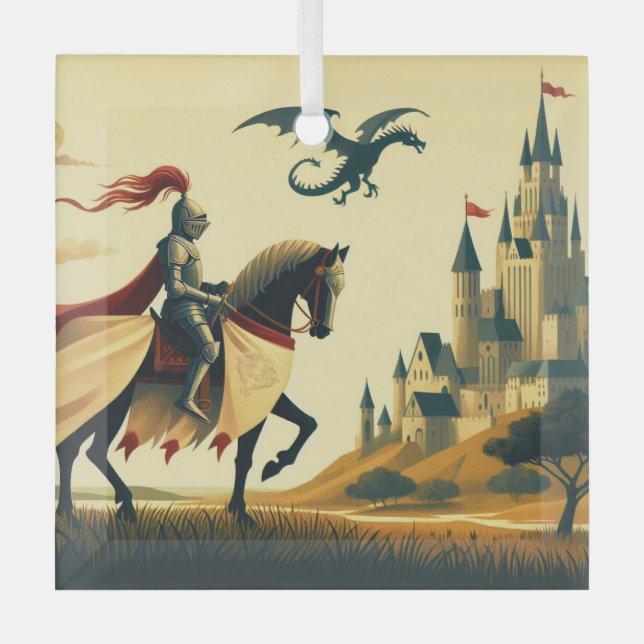 Medieval Knight/dragon/castle fantsy Glass Ornament (Front)