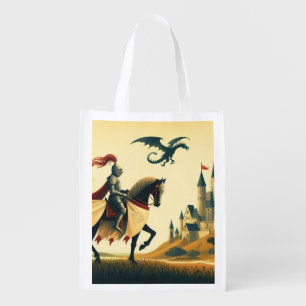 Medieval Knight/dragon/castle fantsy Grocery Bag