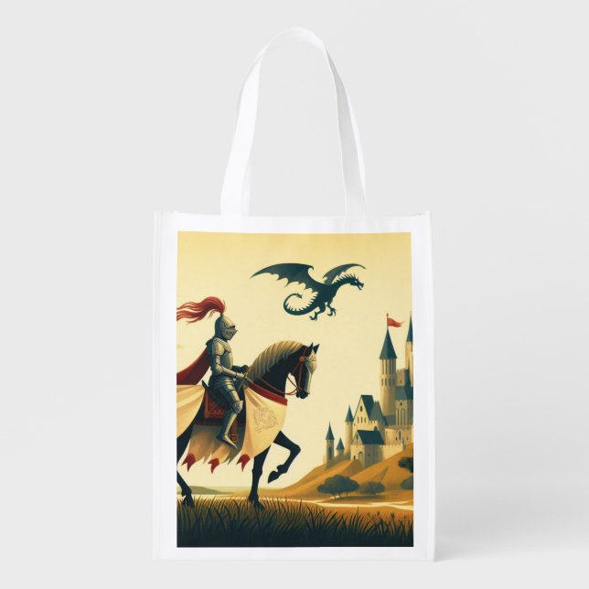 Medieval Knight/dragon/castle fantsy Grocery Bag (Front)