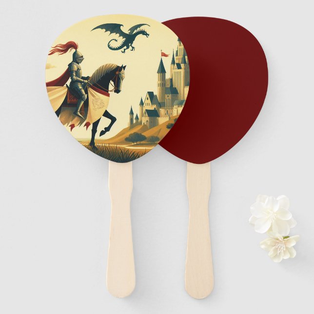 Medieval Knight/dragon/castle fantsy Hand Fan (Front and Back)