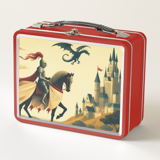 Medieval Knight/dragon/castle fantsy Metal Lunch Box (Front)
