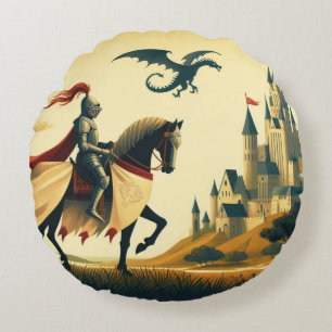 Medieval Knight/dragon/castle fantsy Round Pillow