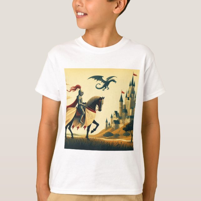 Medieval Knight/dragon/castle fantsy T-Shirt (Front)