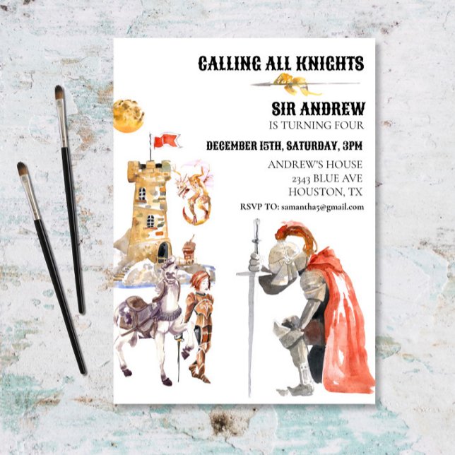 Medieval Knight Dragon Castle Watercolor Birthday Invitation (Creator Uploaded)