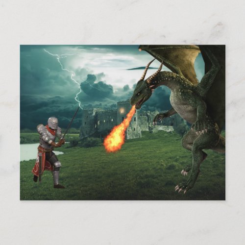 Medieval Knight Fire Breathing Dragon Battle Postcard