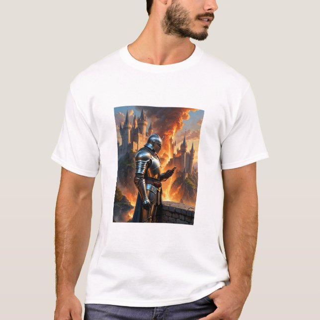 Medieval Knight Funny Castle Fire Fantasy Art Tee (Front)