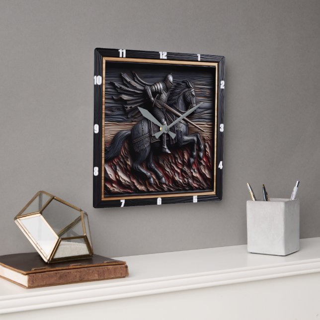 Medieval Knight: Grain Design Style Square Wall Clock (Office)