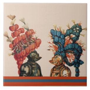 MEDIEVAL KNIGHT HELMETS WITH RED FEATHERS DRAGONS  CERAMIC TILE