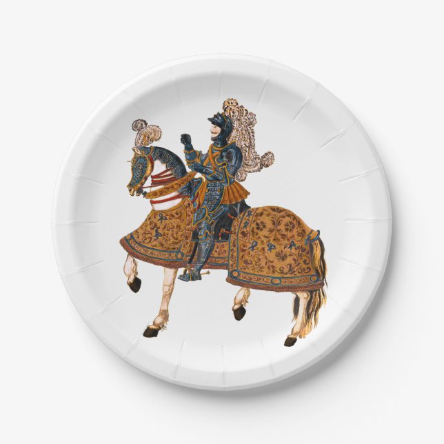 Medieval Knight in Armor on horse back Paper Plates (Front)