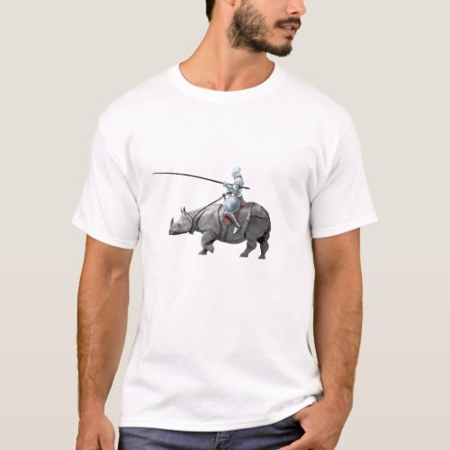 Medieval knight in armor riding a rhino jousting T_Shirt